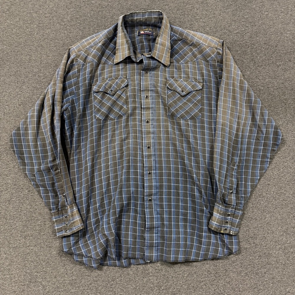 Vintage Panhandle Slim Western Shirt Mens XL Blue Plaid Good Pearl Snap Faded